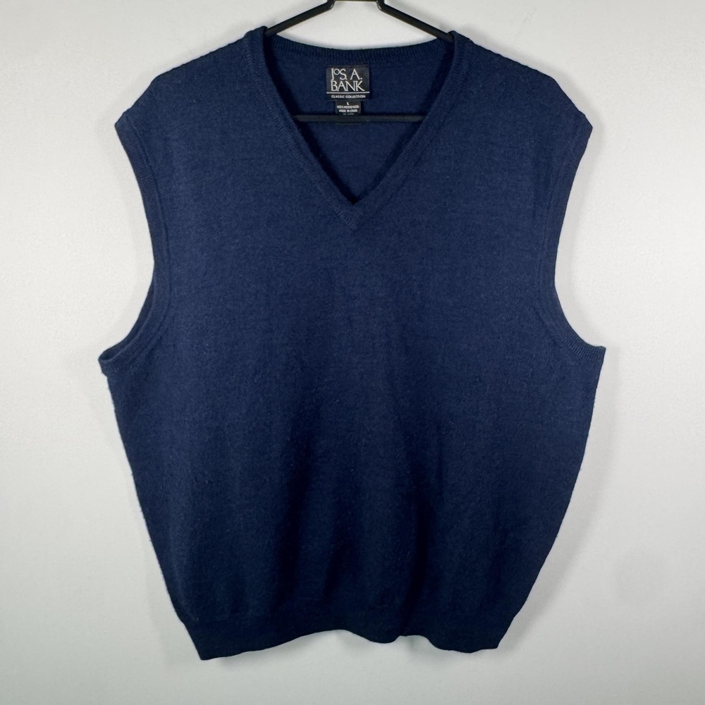 Jos. A. Bank Sweater Vest Mens Large Blue 100% Merino Wool V Neck Pullover